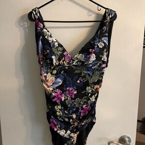 Time and Tru Floral One Piece Swimsuit - Black and Multicolor